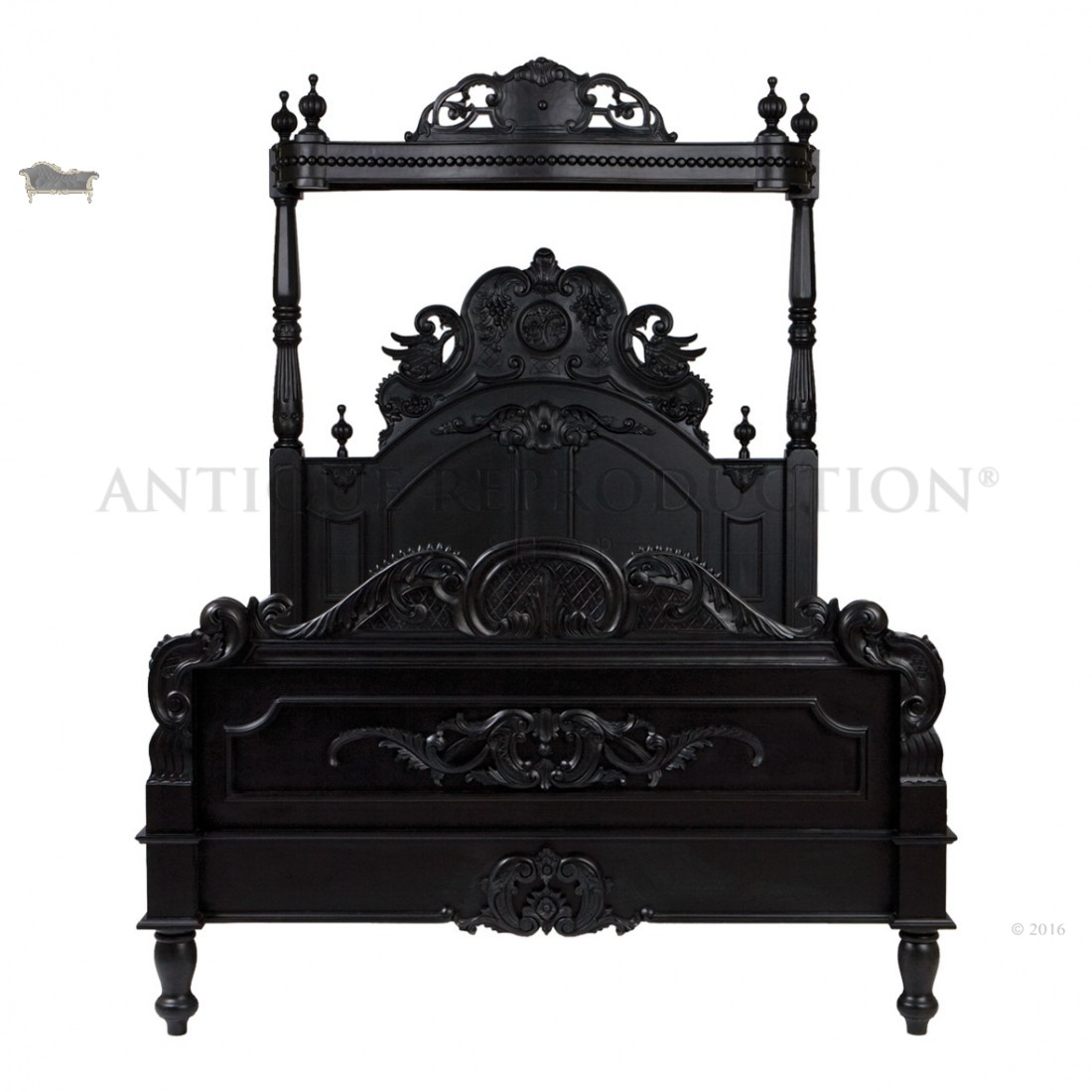 French Heavy Gothic Victorian Canopy Bed Black – Antique Reproduction Shop