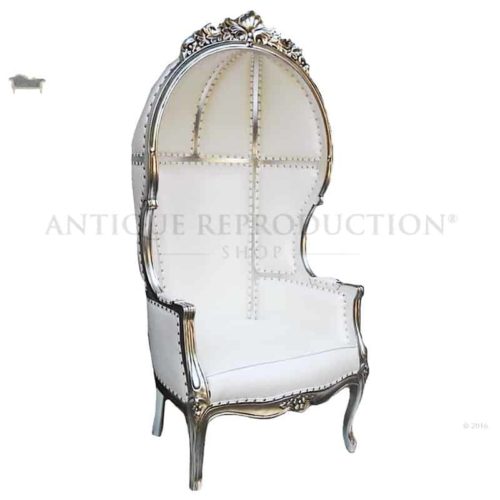 Balloon Bonnet Throne Chair Carved in Antique Silver with Light cream Leather