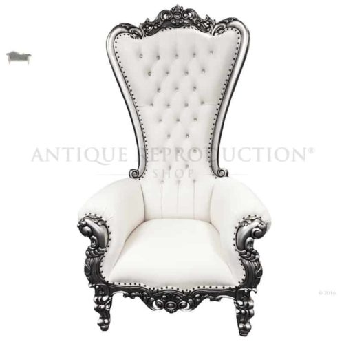 French Alice Throne Arm Chair Antique Silver and Cream with Crystal Buttons