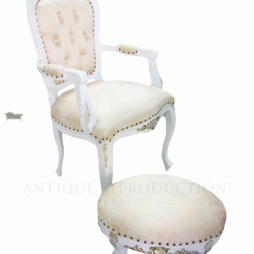 Louise Rose Carved French Chair White and Gold with matching Foot Stool