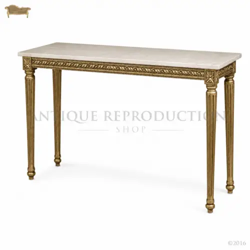 Louis XVI hall table with genuine marble top, antique gold finish and fluted legs