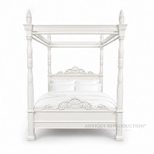 Southampton white four poster bed with full canopy frame and French carved detailing