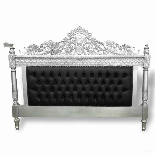 French Empire Baroque Carved Mahogany Bed Head Black with Leather