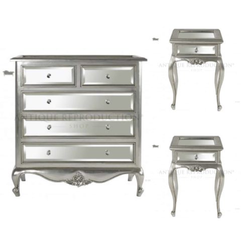 Louis French Chest of Drawers with Bedsides Mirrored Fronts