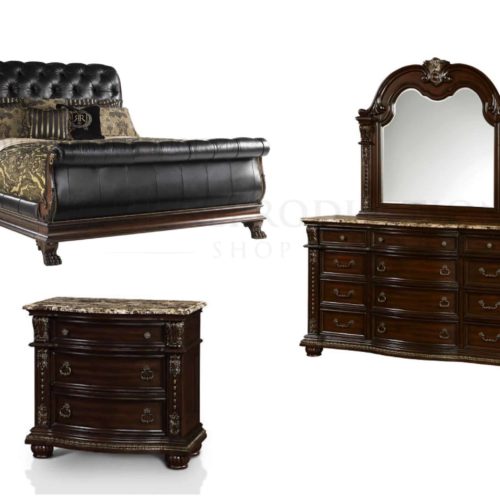 Carved Sleigh Set American Bedsides and Chest of Drawers with Mirror Marble Top