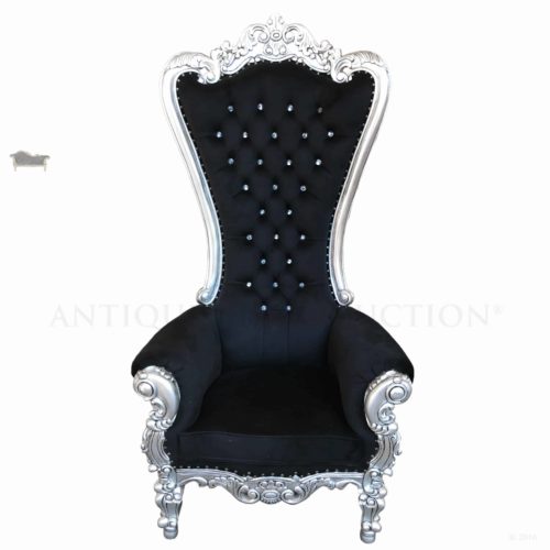 Alice French Throne Chair Black and Silver with Crystal Buttons