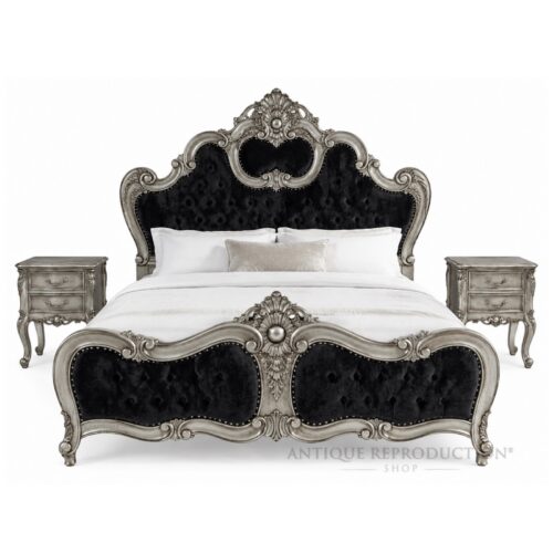 Silver-finish Palazzo Italian Baroque upholstered bed frame with black button-tufted upholstery, shown with matching bedside tables.