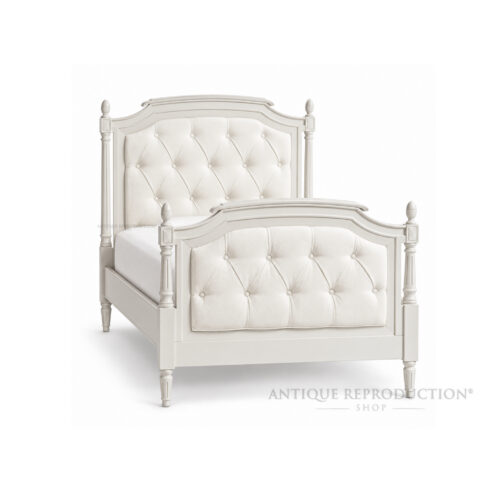 White Louis XVI French Provincial upholstered bed frame with button-tufted headboard and footboard.