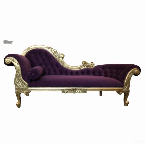 French Provincial Chaise Lounge Antique Gold and Plum Micro Velvet