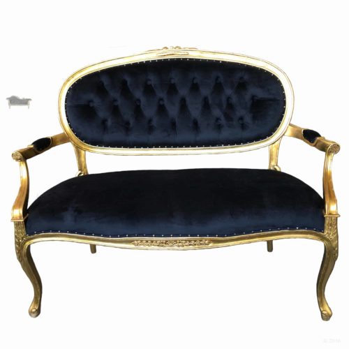 Queen Anne French 2 Seater Sofa Antique Gold Finish Black Micro Velvet