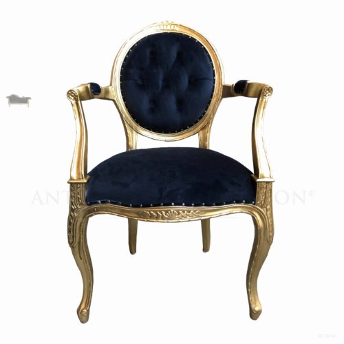 Queen Anne French Oval Carver Chair Antique Gold Finish Black Micro Velvet