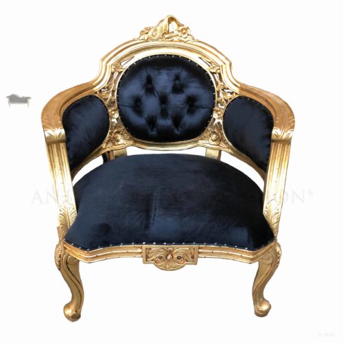 Antoinette Tub Arm Chair Antique Gold Finish Black Micro Velvet