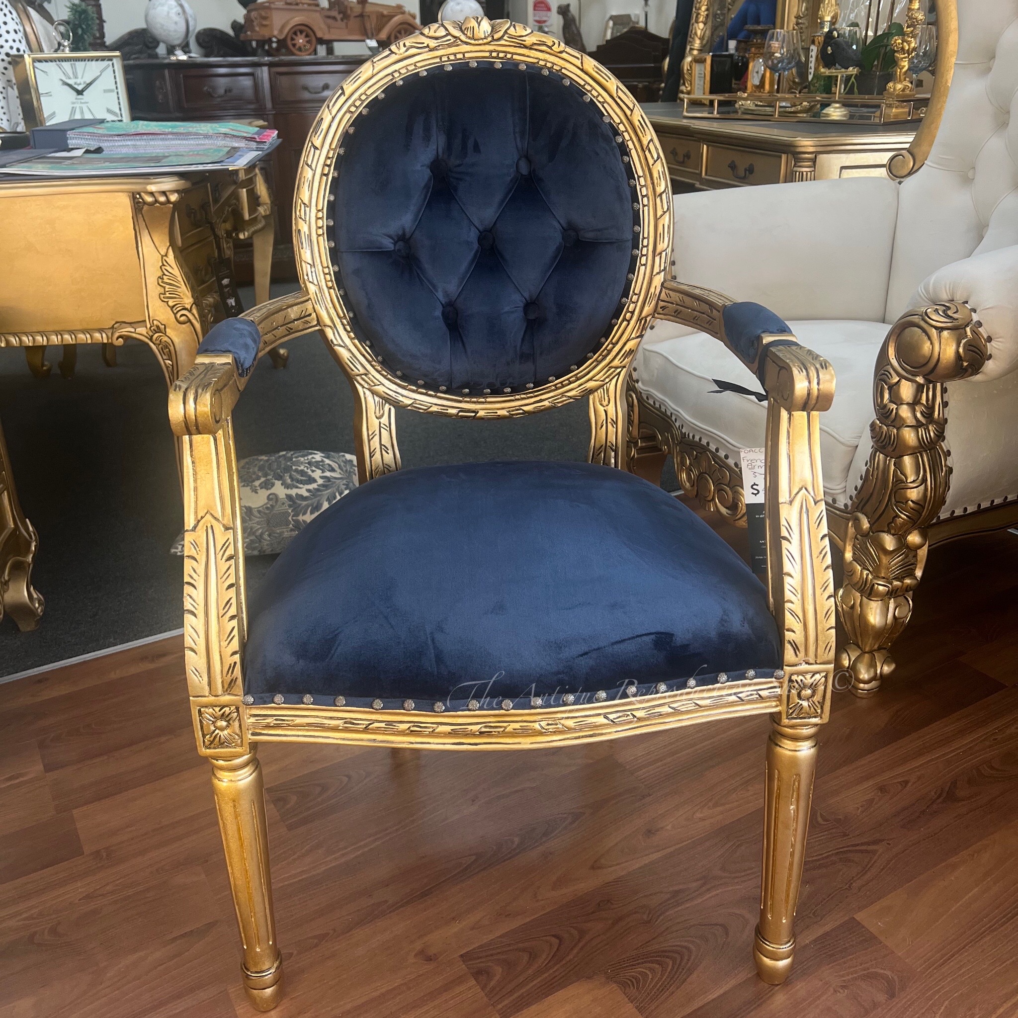 Gold Louis XV Blue Velvet Arm Chair