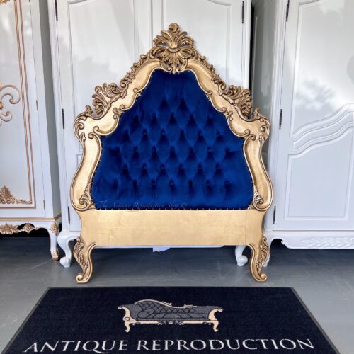 New French Baroque Style Single Bed Head - Royal Blue Picasso Micro Velvet