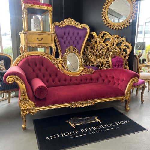 French Provincial Chaise Lounge - Burgundy Maroon Picasso Micro Velvet