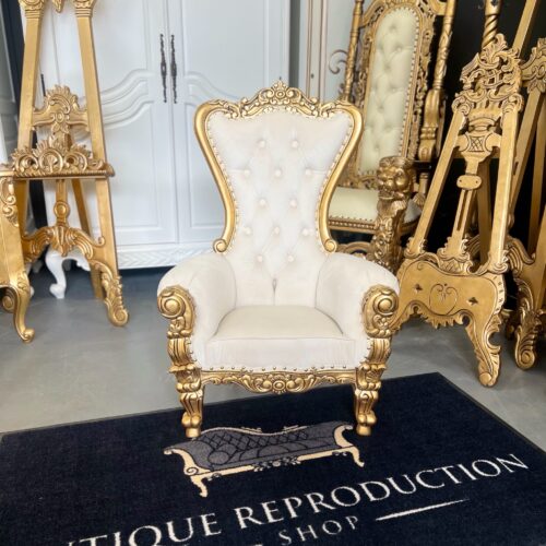 Mini Alice Throne Chair - Antique Gold Finish With Light Cream Micro Velvet Upholstery