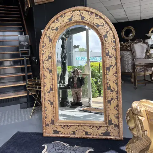 Chinese Black & Gold Antiqued Arch Mirror