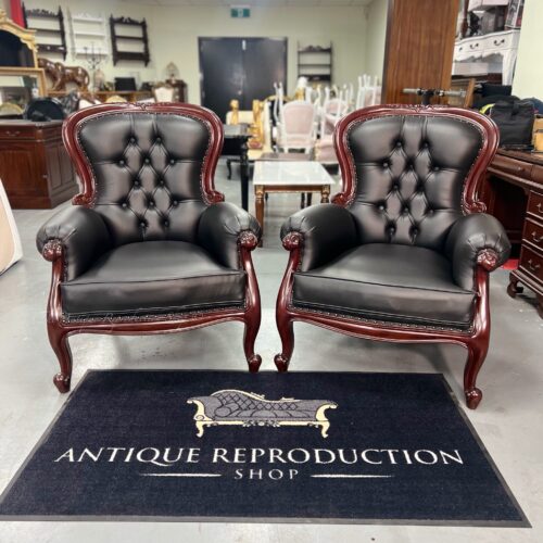 2x Victorian Grandfather Chairs - Black Comfort Synthetic Leather Upholstery