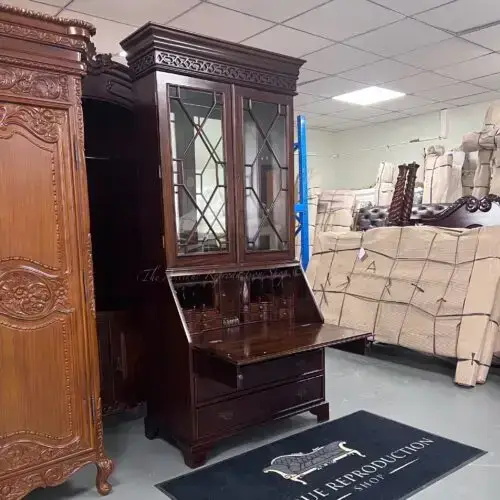 Traditional Edwardian Tilt Top Writing Desk With Bookcase - Dark Medium Tea Brown