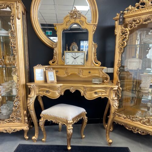 French Provincial Dressing Table Carved W/ Stool - Antique Gold