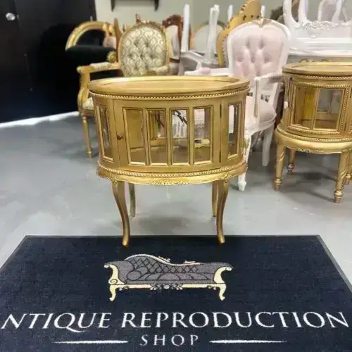 Oval Mini Bar Tea Table Cabinet - Antique Gold Finish