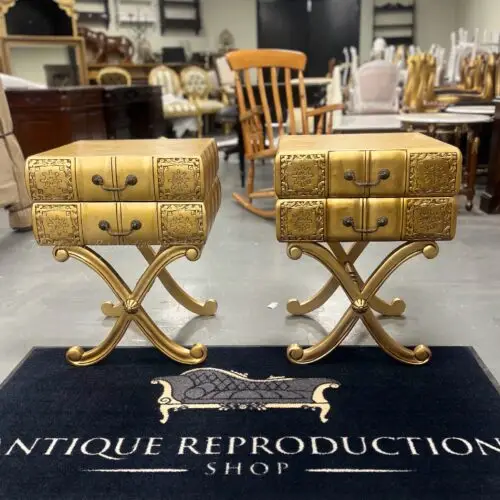 Eclectic Faux Book Carved Night Stands - Antique Gold Finish