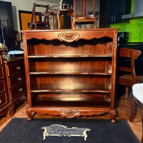 French Provincial Open Bookcase Low Carved - Medium Tea Brown