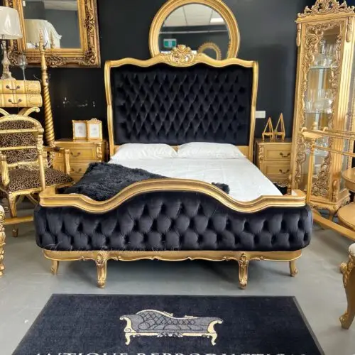 French Provincial Louis Rose Carved Queen Bed - Antique Gold