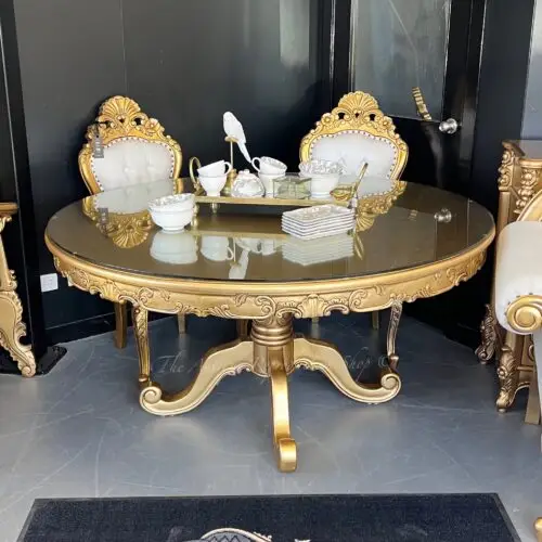 Victorian Round Carved Pedestal Dining Table - Antique Gold Finish