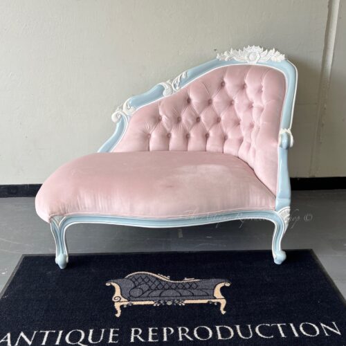 French Provincial Love Seat - Soft Blue Pastel With Baby Pink Velvet