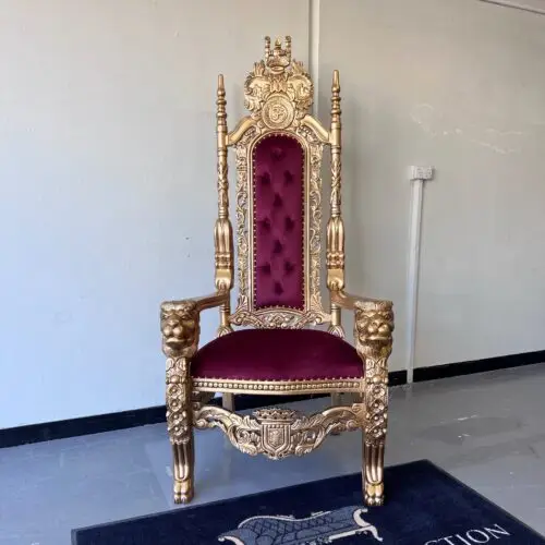 Lion King Throne With Om Symbol Carving - Antique Gold