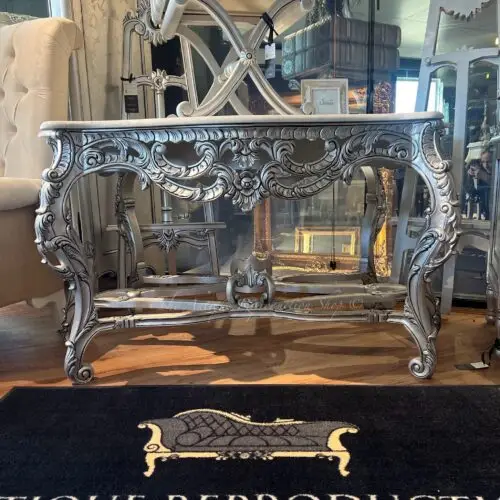 French Louis Heavy Carved Console Hall Table - Antique Silver