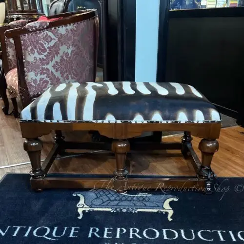 Antique Reproduction Regency Ottoman With Zebra Print Cow Hyde - Medium Tea Brown