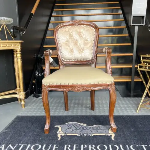 2 Toned Louis Rose Carved Arm Chairs With Off White Damask Upholstery Back And Beige Synthetic Leather Base