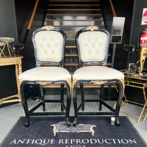 Louis Rose Carved Bar Stool Crystal Buttoning - Black With Gold Highlights