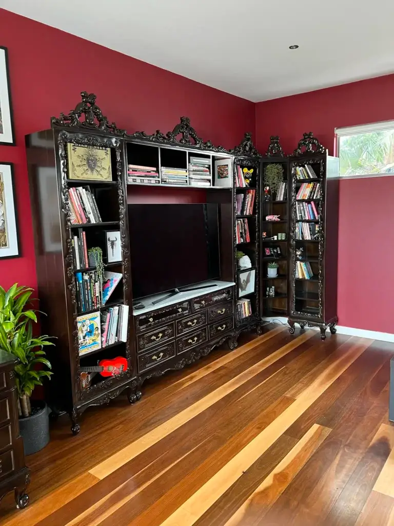 This is an image of a Black timber Antique french provincial baroque style bookshelf and book case, custom made in Lilydale Victoria, Melbourne