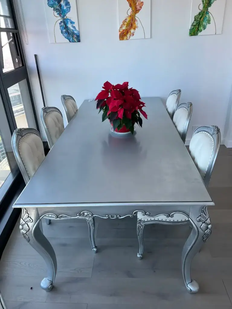 This is an image of a Louis Rose carved six-seater French Provincial dining table in antique silver finish, crafted by The Antique Reproduction Shop 2