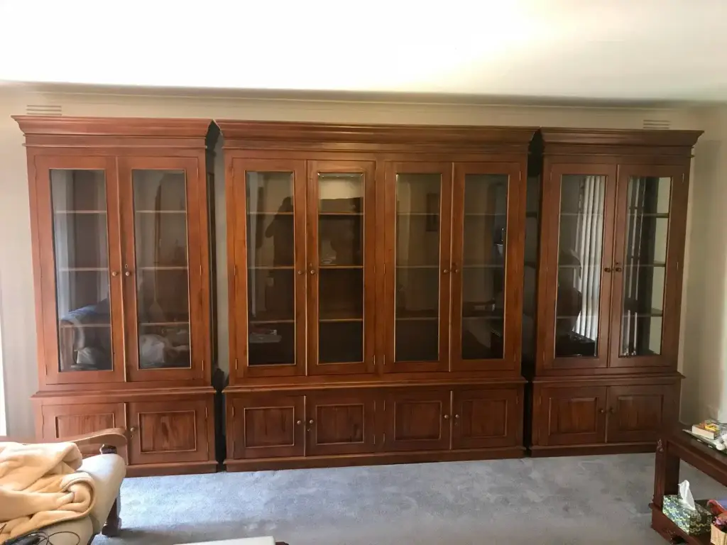 This is an image of a large brown Timber book shelf and book case custom made in Melbourne, Antique style, French Provincial, Baroque style