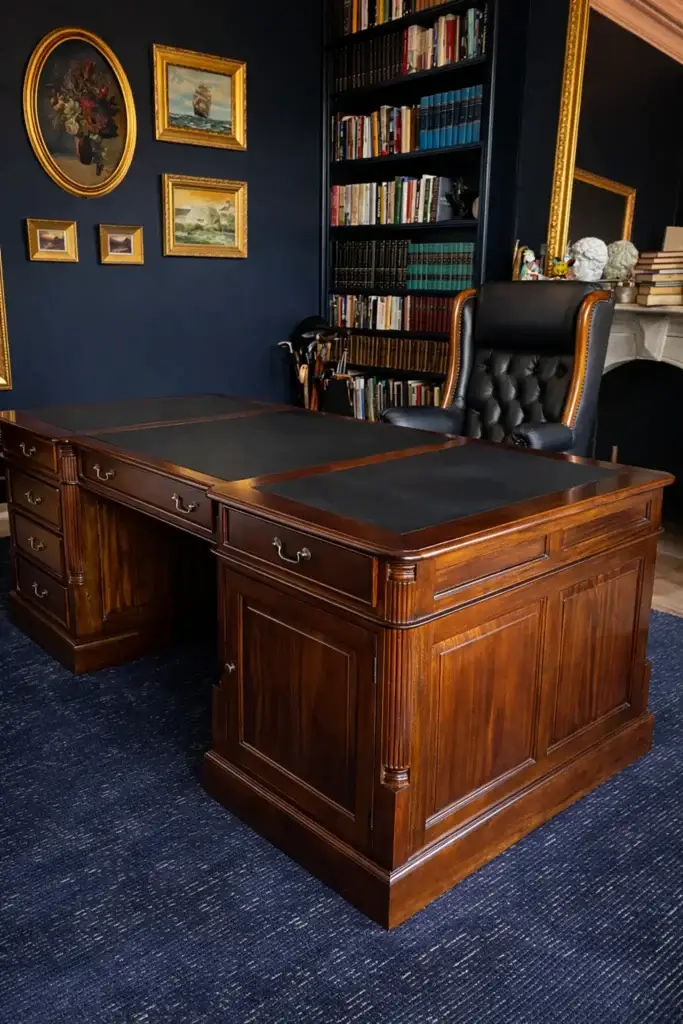 This is an image of a traditional executive office desk in rich mahogany with panelled construction and fluted corner pillars, created by The Antique Reproduction Shop