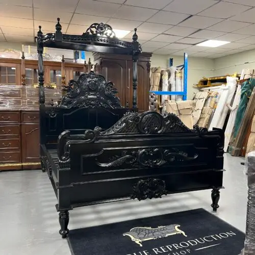 Queen Canopy Bed Heavy Gothic Carved - Black Finish - SOLD
