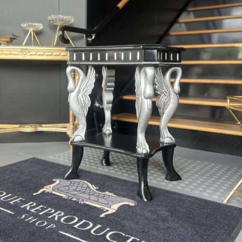 Neo Classical Swan Carved Occasional Table - Black With Silver Highlights