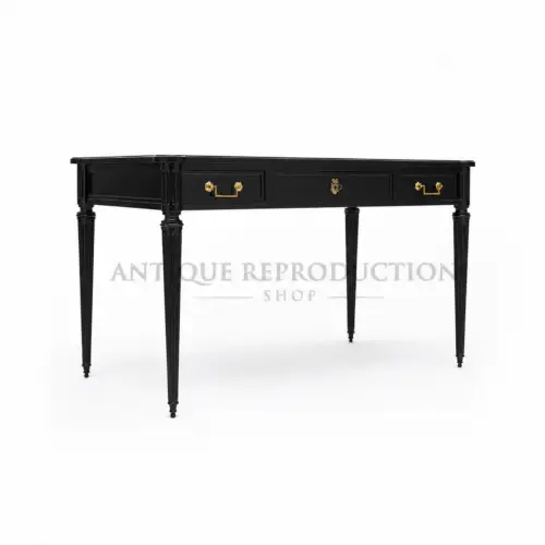 Black writing desk with drawers and brass hardware from the Regency Noir Collection