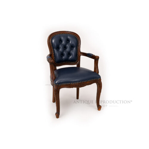 Heritage Chesterfield visitor office chair with blue leather upholstery and carved timber frame