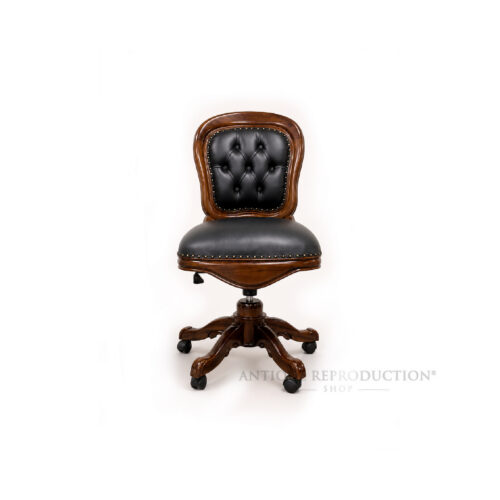 Heritage Executive Office Chair in black leather with Chesterfield buttoning and solid mahogany frame