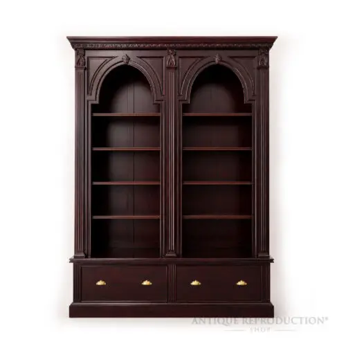 Heritage Grand Library Bookcase handcrafted from solid mahogany with arched shelving and drawer storage