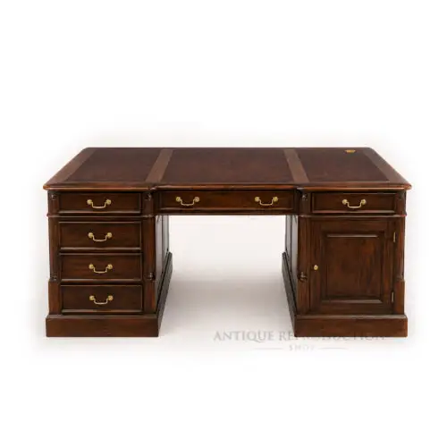 Heritage Grand Partners Desk with brown leather writing inlays and solid mahogany construction