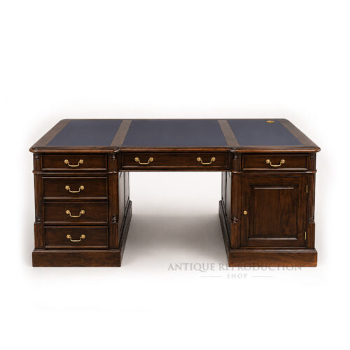 Heritage Partners Executive Desk with blue leather inlays and brass cable port