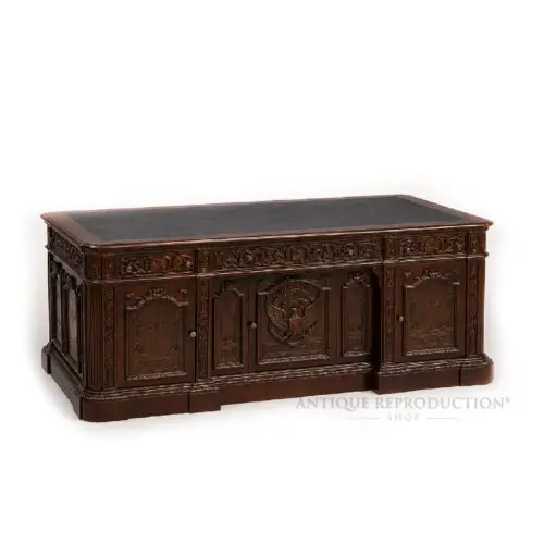 Heritage Presidential Executive Desk handcrafted from solid mahogany with leather writing surface and eagle carving