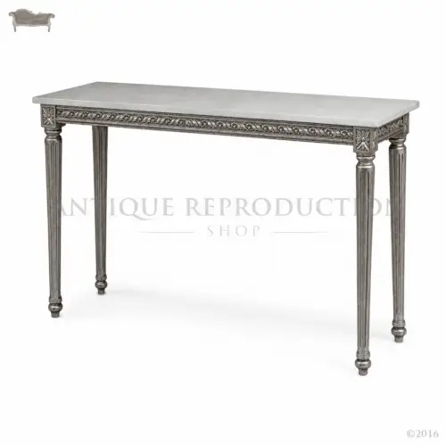 Louis XVI hall table with genuine marble top, antique silver finish and fluted legs
