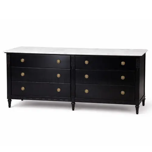 Noir Regency Double Marble Dresser with genuine marble top and six drawers